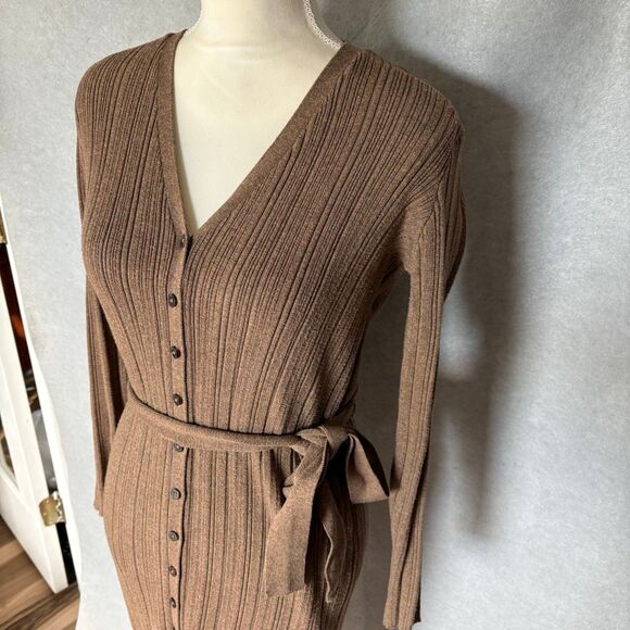 Frank & Oak Tan Brown Organic Ribbed Button down Midi Sweater Dress Belted - Picture 3 of 7